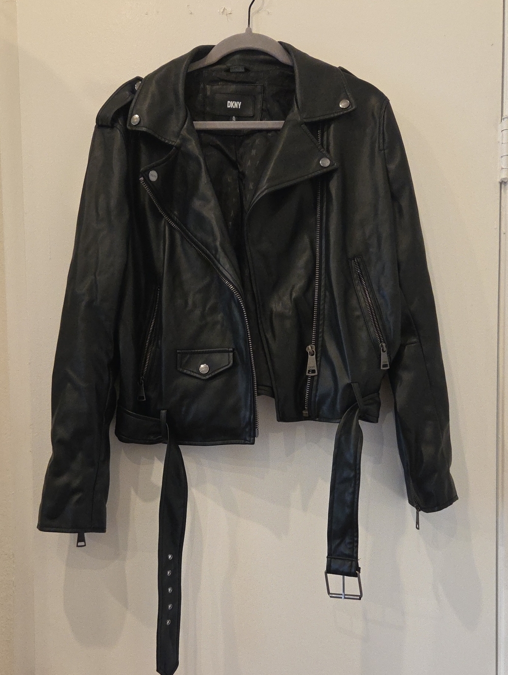DKNY Black Faux Leather Biker Jacket with Belt Detail